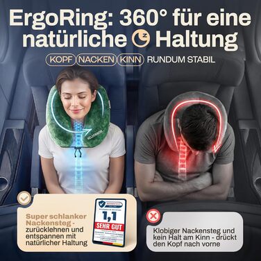 Подушка для шиї HELDENWERK® Air - для подорожей літаком та автомобілем | 5 положень, регульована, знімний капюшон | М'яка, зелена, для жінок та підлітків