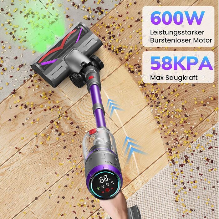 Акумуляторний вертикальний пилосос 600W 58000Pa, бездротовий пилосос для килимів, твердих підлог та шерсті тварин, з LED-дисплеєм, адаптером 90° та зарядною станцією, пурпуровий