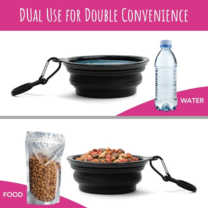 Складаний миска для собак TDL, 350 мл, чорний: для води та корму, з карабіном та тримачем для пляшки