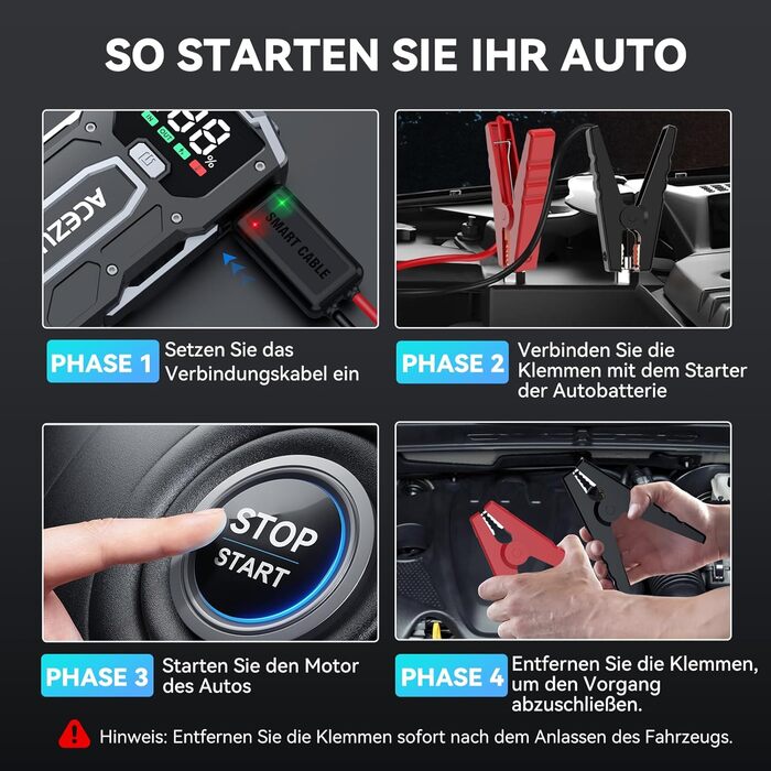 Портативний зарядний пристрій Starthilfe Powerbank 6000A для авто: запуск двигуна, LED-ліхтарик, великий екран, чорний M01