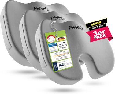 Ортопедична подушка для сидіння Feela® [3 ступені жорсткості] - Ергономічна подушка для офісного крісла та ін. - Зменшує біль, підвищує комфорт, покращує кровообіг та знімає навантаження з куприку (Medium) (М'яка (50-80 кг), Срібний набір з 3 шт.)