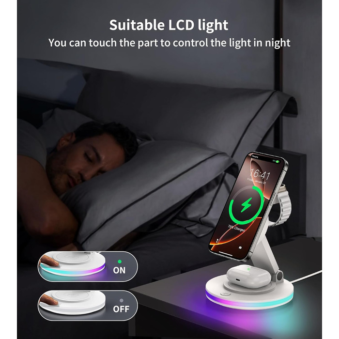 Зарядний пристрій MagSafe 3-в-1 для Apple Watch та iPhone, складний, поворотний з регулюванням світла, бездротовий зарядний станція MagSafe для iPhone 16/15/14, AirPods (без адаптера)