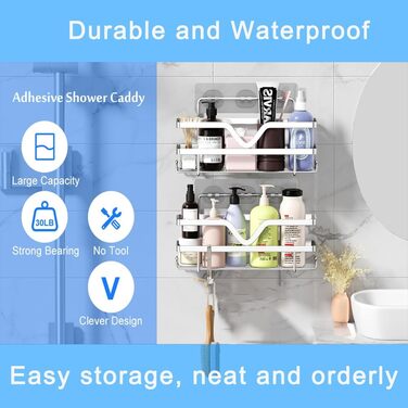 Двопакетна поличка для душу ASelected, органайзер для ванної кімнати без свердління, полиця для душу/кухні з тримачем для бритви, міцна нержавіюча сталь, 4 гачки, сріблястого кольору