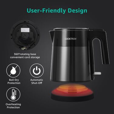 Електричний чайник Cooktron з нержавіючої сталі, 1.7л, тихий (<30дБ), без BPA, Cool Touch, подвійні стінки, швидкий нагрів