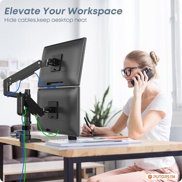 Підставка для монітора PUTORSEN для 2 моніторів, 17-49 дюймів, газ-амортизатор, регулювання висоти, поворот, VESA 75/100mm, чорний