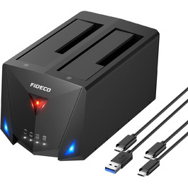 Док-станція для жорстких дисків FIDECO з USB 3.2 Gen1, 2 відсіки SATA HDD/SSD, підтримка UASP та офлайн-клонування, Type-C