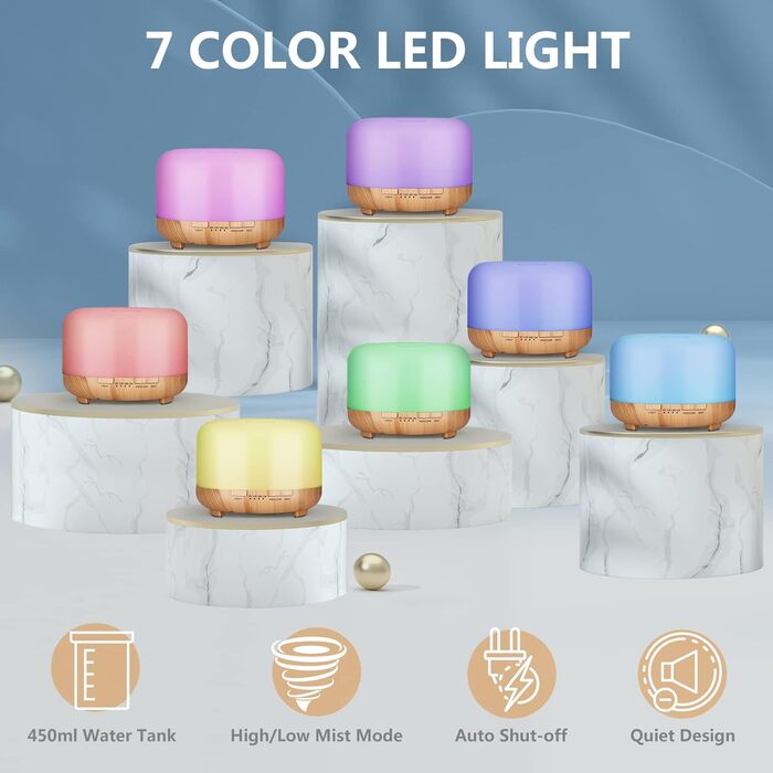 Аромадифузор Hianjoo Aroma 450 мл з таймером, ультразвуковий, 7 кольорів LED, з пультом ДУ, для спа/офісу/йоги, дерев'яний