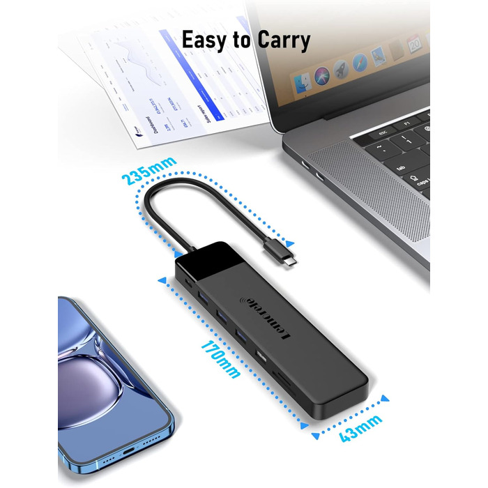 Lemorele USB-C хаб 14-в-1: док-станція з 3 портами дисплея (2 HDMI 4K + VGA), 5 USB-портів (3x USB 3.0), 100W PD, SD/TF кардрідер, аудіо, сумісна з MacBook, Dell, Windows