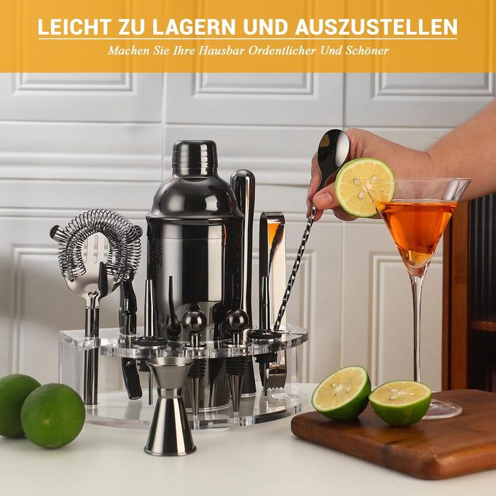 Cocktail Shaker Set, Stainless Steel Cocktail Set with 12-Piece Bar Accessories, 750ML Shaker Bartender Set with Stand, Cocktail Machine Bar Set for Home, Gifts for Men Dad Bartender (Black)
