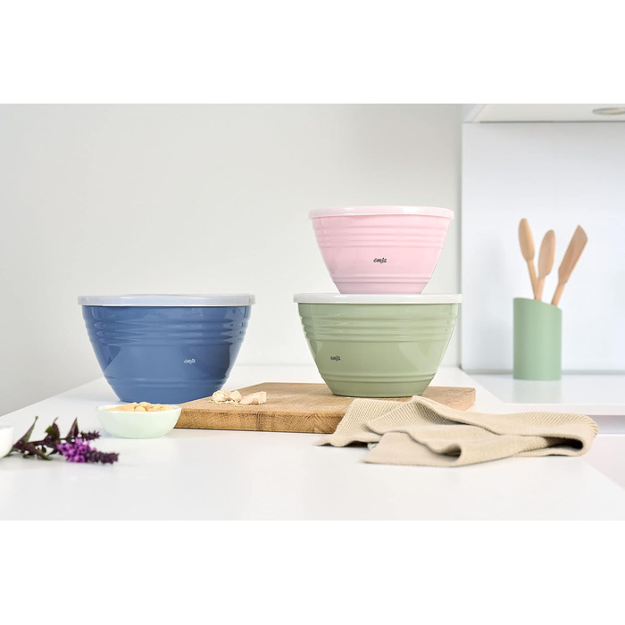 Emsa Prep&Bake 3-Piece Plastic Mixing Bowl Set, 1.7 + 2.75 + 4.15 L with Preserving Lid, Non-Slip Base, Perfect Stability While Mixing, Dishwasher Safe, Stackable Bowl Set K325S3
