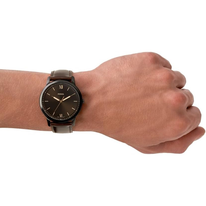 Годинник Fossil для чоловіків The Minimalist 3H, кварцовий механізм, 44 мм, корпус зі срібної нержавіючої сталі, шкіряний ремінь, FS5439 (Dunkelbraun)
