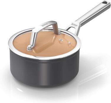 Ninja CW90216UK Ceramic Cookware Pot with Lid, non-stick coated (PFOA, PFA, lead, and cadmium-free), induction compatible, stainless steel handle, oven-safe up to 285°C, terracotta and grey 16cm saucepan