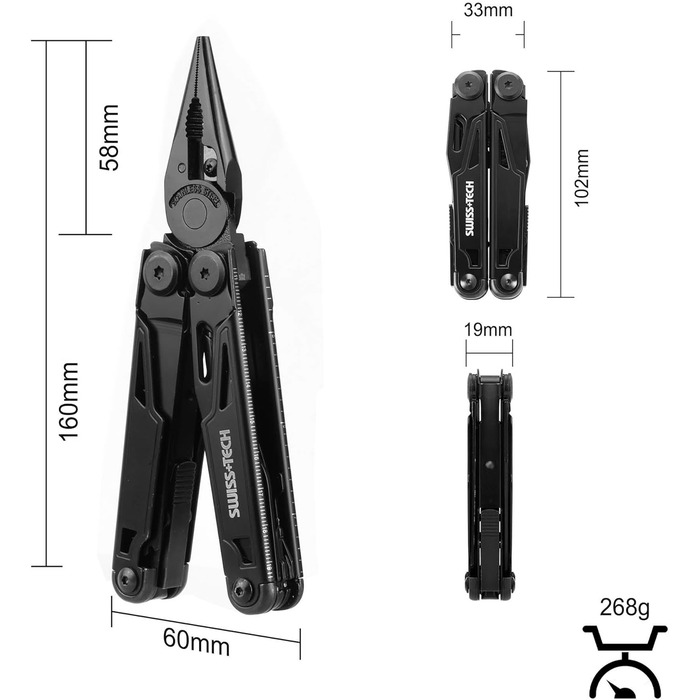Swiss+Tech 16-in-1 Multi-Tool Pliers, Folding Multi-Tool Tool, Multifunctional Pliers with Scissors, Knife, Saw, Bottle Opener, Screwdrivers for Camping, Outdoor, Repairing, with Carrying Case