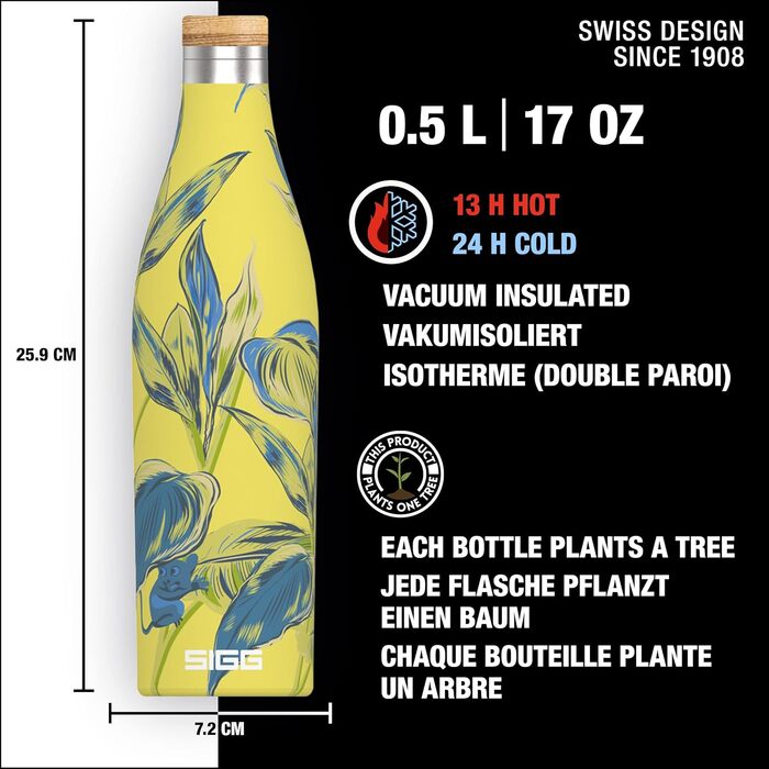 SIGG - Insulated Drinking Bottle - Meridian - Leak-Proof - Extra Slim - BPA-Free - Plastic-Free - Double-Walled 18/8 Stainless Steel - Bamboo Screw Cap - 0.5L / 0.7L (Sumatra Maki, Sumatra 0.5 L)