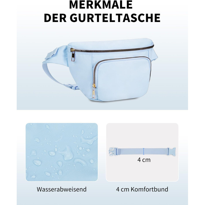 Поясна сумка для жінок та чоловіків, стильна, з 4 кишенями на блискавці та регульованим ремінцем, ідеальна для подорожей та піших прогулянок (світло-блакитна)