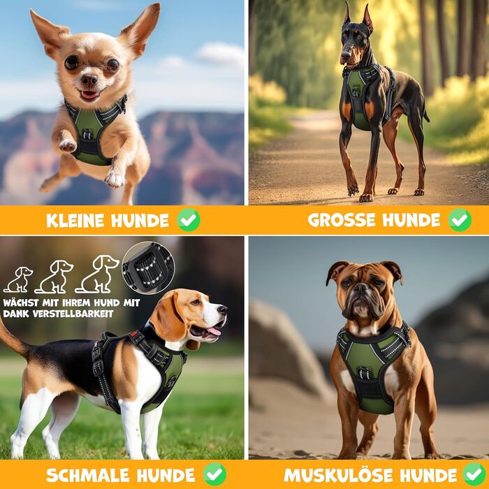 Шлейка для собак без натягу та задухи, дихаюча та м'яка, світловідбиваюча | No-Pull шлейка з кишенькою для відходів | Регульована шлейка з ручкою - (L, Хакі)