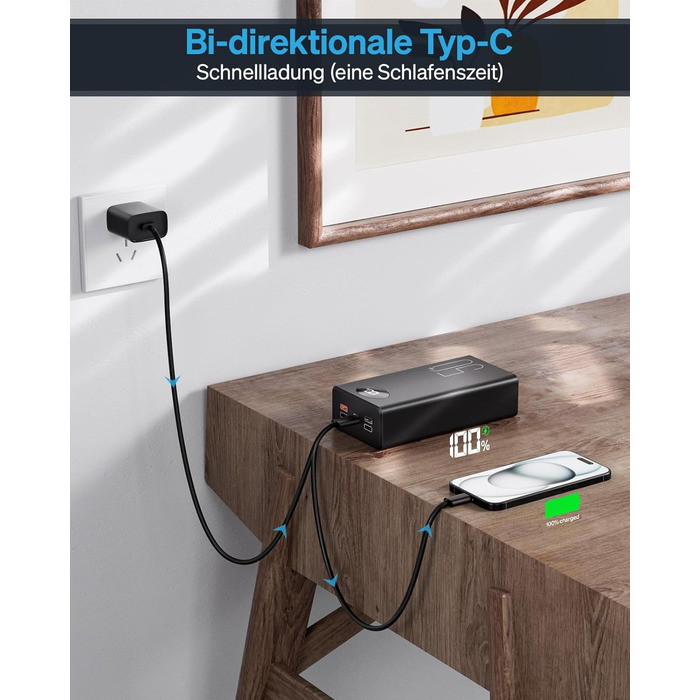 Портативний повербанк 50000 мАг з 5 виходами та 2 входами, швидка зарядка 22,5 Вт, ліхтарик, чорний