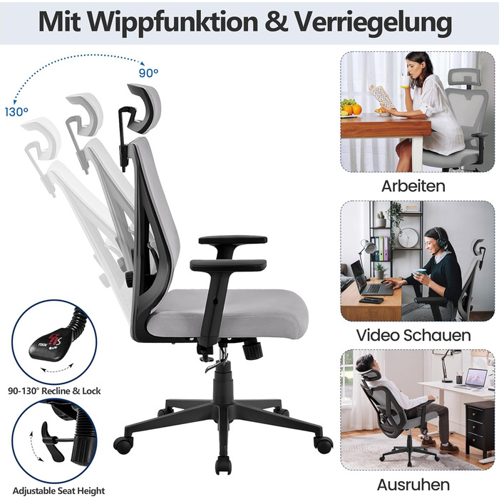 Офісне крісло Yaheetech з регульованою підголівником та підтримкою попереку, дихаюча сітчаста спинка, широке сидіння, S-подібна спинка, поворот на 360°, сірий колір