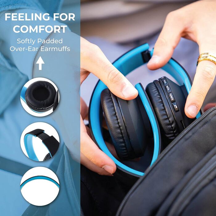 PowerLocus Бездротові навушники Over-Ear з Bluetooth, Hi-Fi стерео, FM радіо, Micro SD/TF, мікрофон, для iPhone/Android/Tablet/Laptop (Чорний/Синій)