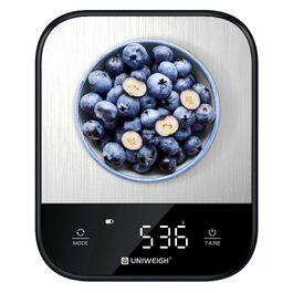 Кухонні електронні ваги UNIWEIGH до 5 кг (11lb), цифрові ваги для продуктів, випічки та кулінарії, сталевий корпус, чорний колір, 7 одиниць вимірювання, LED-дисплей, функція тари
