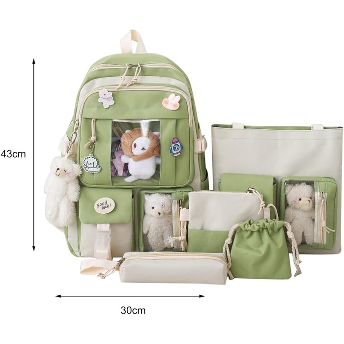 Японський рюкзак Kawaii з милим аксесуаром, набір 5 шт. Великий рюкзак Harajuku з брезенту, модний рюкзак для школи, коледжу, подорожей, з нашивкою (Зелений)