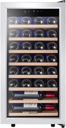 Kalamera 28-Bottle Wine Refrigerator - 86 Liter Capacity, Stainless Steel & Glass Door, 5-18°C Cooling Zone, Removable Wooden Shelves