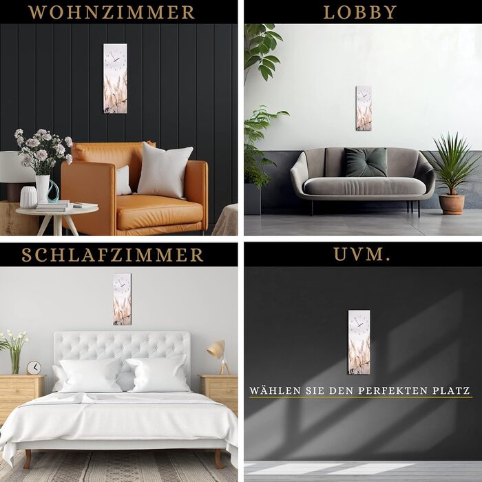 Скляний настінний годинник Calm Grasses 20x60 см безшумний, металеві стрілки, для вітальні та спальні, натуральний дизайн з рослинами, вироблено в ЄС