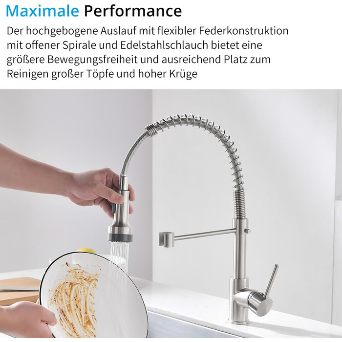 Кухонний змішувач AIMADI висувний, високотискний, з 2 режимами (струя та розпилення), поворотний на 360°, однорідний, для кухонної мийки (з нержавіючої сталі)