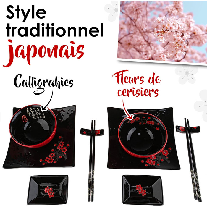 Японський набір для суші: 2 тарілки, палички, підтарілки з порцеляни з квітковим візерунком. Ідеальний подарунок