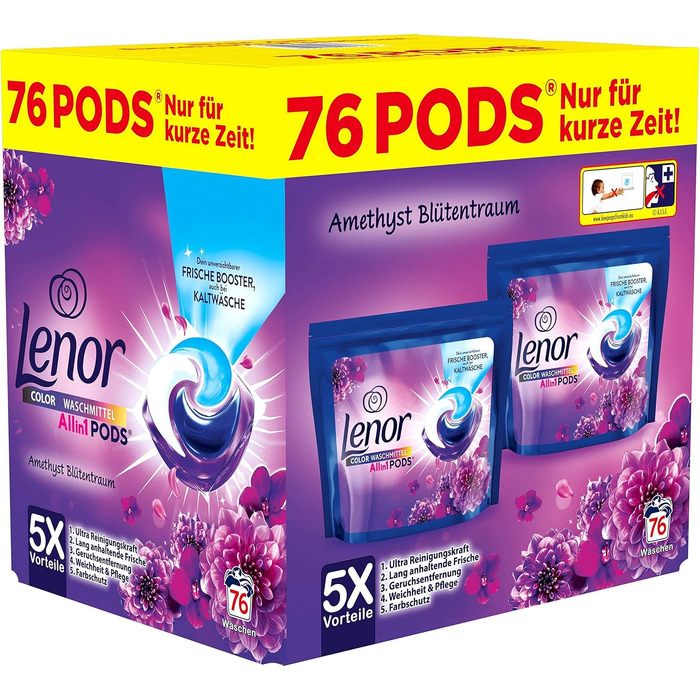 Капсули для прання кольорових речей Lenor All-in-1 PODS Amethyst Blütentraum, гігієнічне глибоке очищення та тривала свіжість, 76 шт