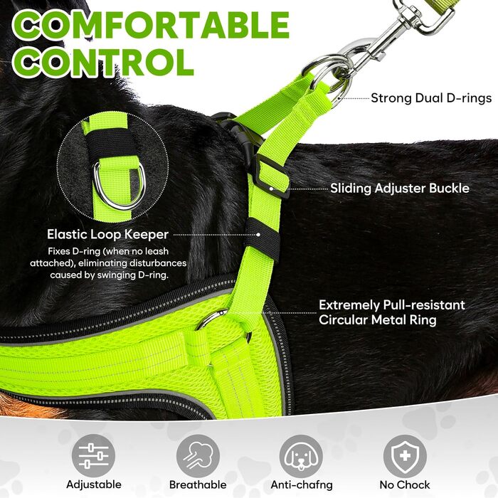 Світловідбиваючий поводок для собак середнього розміру BiPawTi, перезаряджуваний світловідбиваючий жилет для собак з 3 режимами освітлення - світлодіодна шлейка для собак, що світиться в темряві, для кемпінгу з собакою - зелене світло