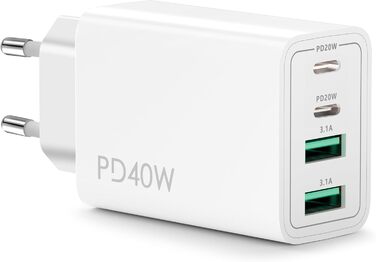 Мережевий адаптер USB C 40W з 4 портами (USB-C та USB-A), PD Power Adapter для iPhone, iPad, Pixel та інших пристроїв