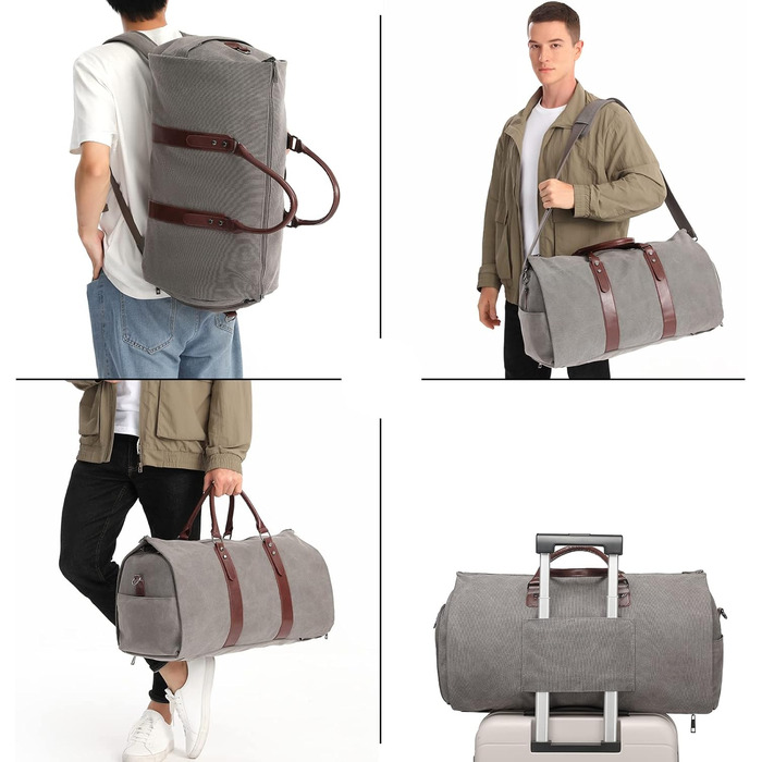 Portable Garment Bag, Men's Suit Bag for Business Travel, Large Leather Travel Bag with Shoe Compartment (Gray Backpack)
