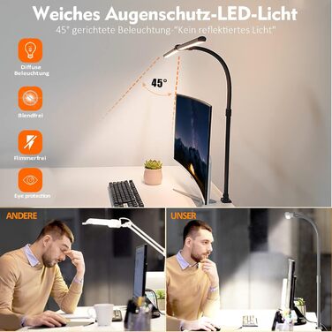 LED лампа для столу Doppelkopf з регулюванням яскравості, 24W, 80см, для дому/офісу, денне світло, лампа сови, кріпиться на стіл (чорний)