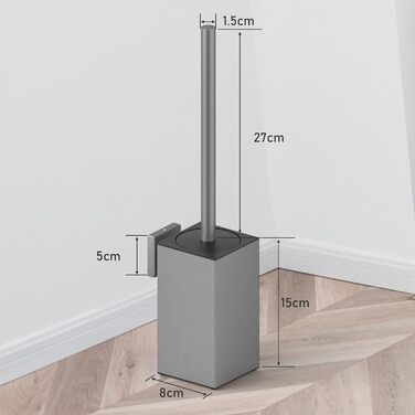 Набір для чищення унітазу з нержавіючої сталі 304, комплект з щіткою та тримачем для стіни, 2 насадки (сірий квадрат)