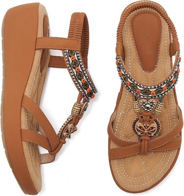 Босоніжки жіночі літні богемні на танкетці Keilsandalen, коричневі 42 EU, з камінням та перлами, 5 см