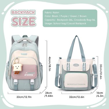 Шкільний рюкзак для дівчинки, комплект: рюкзак, сумка через плече, 36л, 3-7 клас, з брелоками (зелений)