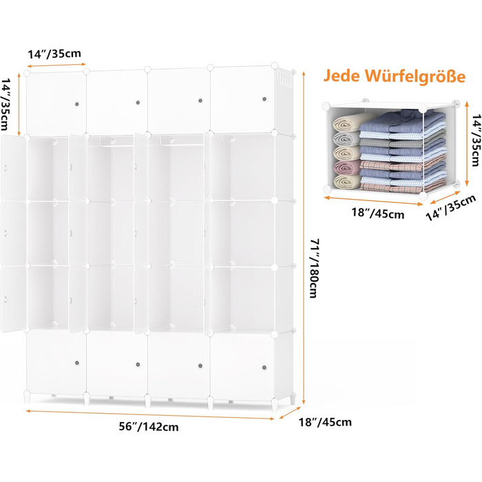 HOMIDEC Wardrobe, Portable Shelving System, 20-Cube Closet Organizer made of Plastic with 2 Clothes Rods, Bedroom Wardrobe Closet White for Bedroom, 180 x 142 x 45cm