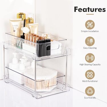 Cinnani 2 Pack 2-Tier Under Sink Shelf, Kitchen Cabinet, Refrigerator, Under Cabinet Organizer, Multifunctional Acrylic with Sliding Drawer Kitchen Shelf for Food Storage Containers, Spice Rack, Cosmetics