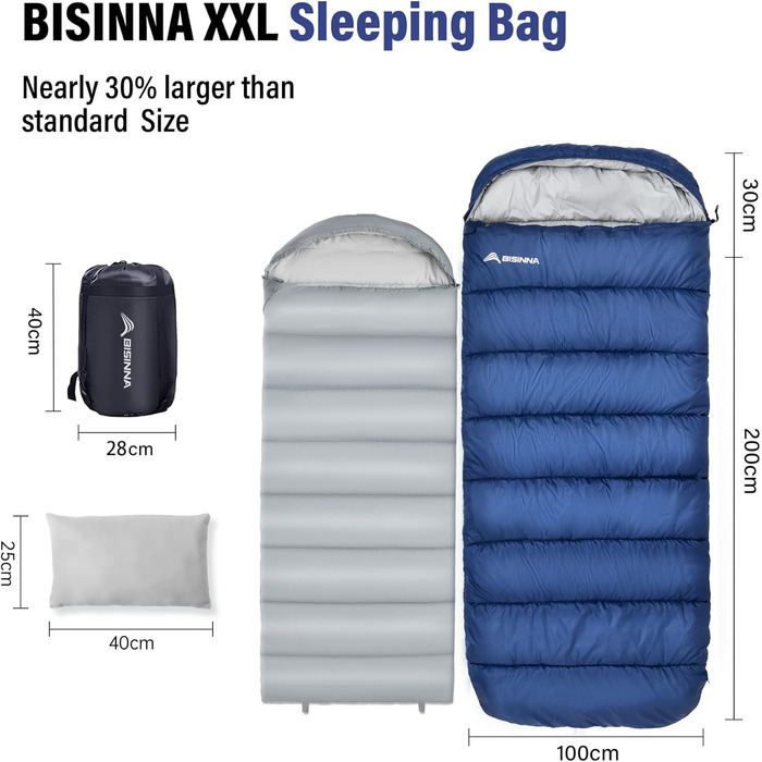 Спальний мішок BISINNA XXL для великих дорослих, 3-4 сезонний, зимовий, теплий, для кемпінгу, блакитний, ліва блискавка, 2.5 кг