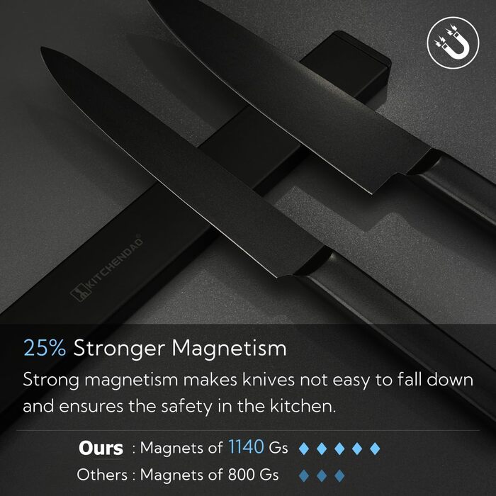 Improved 50cm Trhillsbrad Magnetic Knife Strip, 50cm Magnetic Knife Holder with 3 Hooks, Stainless Steel Knife Rail, Self-Adhesive, Black Wall Mount Magnetic Strip, No Drilling Knife Holder