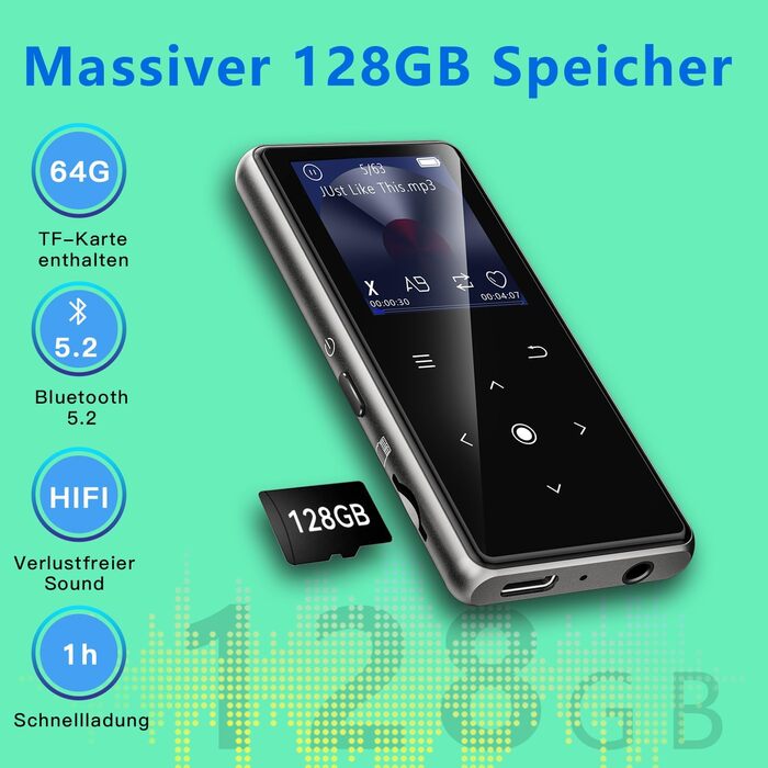 MP3-плеєр AiMoonsa 64GB з Bluetooth 5.2, FM-радіо, HiFi-звук та E-Book функцією (чорний)