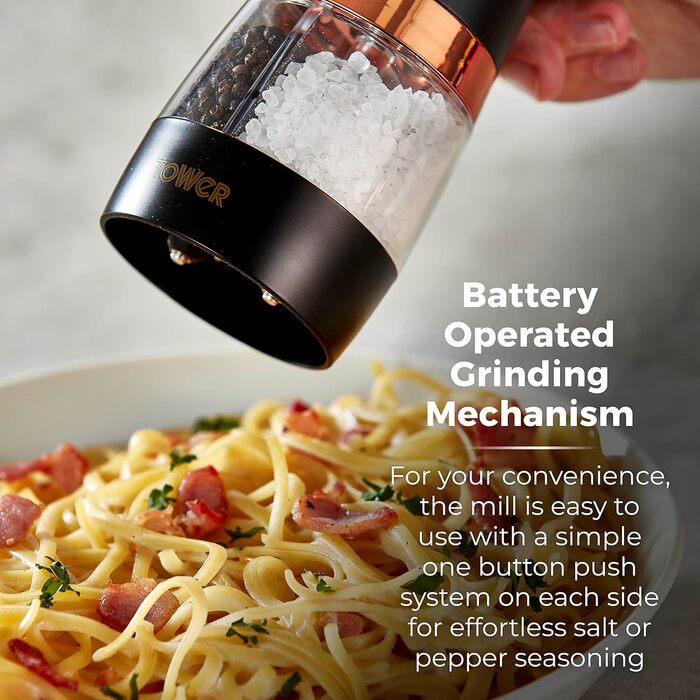 Електричні соляні та перечні млини Tower, рожевий та рожеве золото, з регульованими керамічними жорнами, працюють від батарейок, T847004PNK (Чорний)