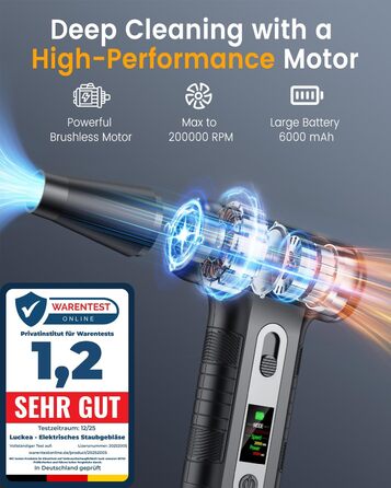 Електричний пилосос для повітря з HD-дисплеєм - Air Duster 200000 RPM з LED-підсвічуванням, міні-пилосос на акумуляторі, спрей стисненого повітря для чищення ПК, повітряний пилосос для клавіатури, дому, авто, W06 (чорний)