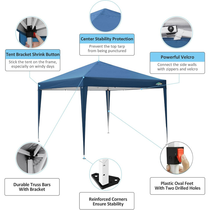 COBIZI Pavilion 3x3, Folding Pavilion 3x3 Waterproof Stable Winterproof | 8x Pegs | 4x Wind Rope | UV Protection 50+ | High-Density Tarpaulin | Pop-up Pavilion Folding 3x3m Tent 3x3 Party Tent (Blue)