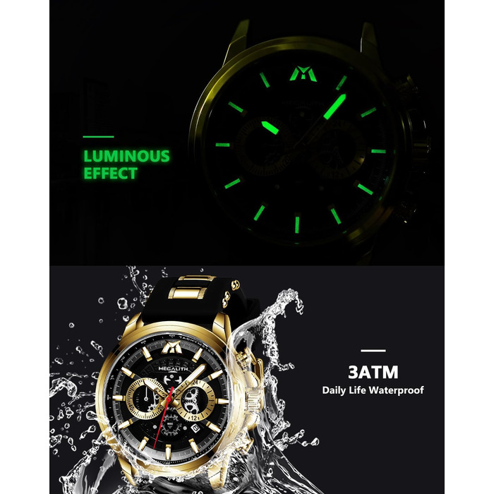 Чоловічий годинник MEGALITH Chronograph: Аналоговий водонепроникний годинник з датою та світосвітним покриттям. Великий кварцовий годинник - подарунок для спортивних чоловіків (A2-чорний)