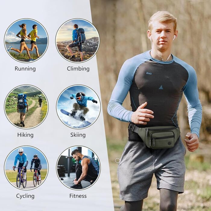 Чоловіча та жіноча бананка, водонепроникна, поясна сумка, стильна бананка з 4 відділеннями на блискавці, для подорожей, піших прогулянок, активного відпочинку (хакі)