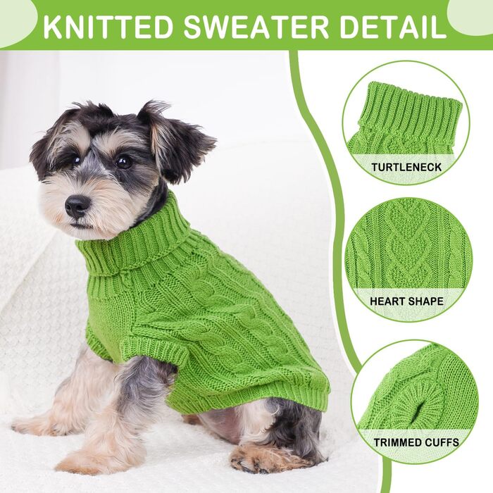 Dog sweater, dog clothing for small dogs, knitted, warm, turtleneck, puppy clothing, for small dogs, for autumn and winter, cat clothing (green, L)