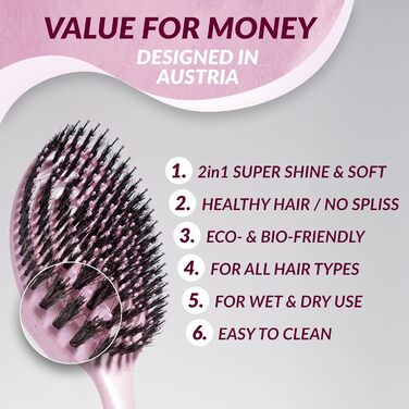 Щітка для волосся marQus Bio з щетиною дикого кабана без заплутування - розпушувач з подвійною спіральною пружиною - професійна щітка для розчісування всіх типів волосся, екологічні матеріали - для мокрого та сухого волосся, блиск, об'єм, Blush Blush-Shin