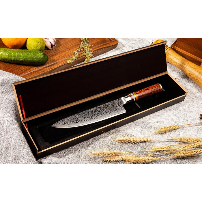 Професійний кухонний ніж FANTECK Gyuto 20 см з дамаської сталі VG-10, 67 шарів, японський шеф-ніж із руків'ям з пакка-дерева у подарунковій коробці